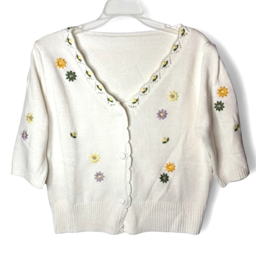 Grandmacore Handmade Floral Cardigan Sweater Womens M Embroidered Knit V-Neck